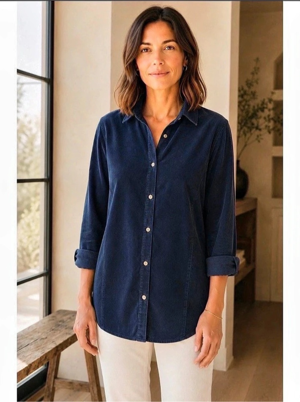 J. Jill Corduroy 100% Cotton Button Down Shirt in Navy Blue Size Medium